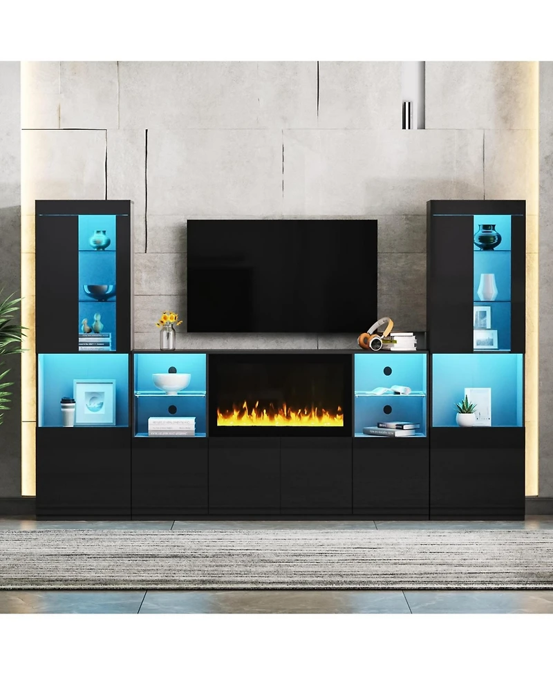 Streamdale Furniture Modern Tv Stand with Non-Heating Electric Fireplace, Led Lights, and Tempered Glass Shelves for up to 75" TVs