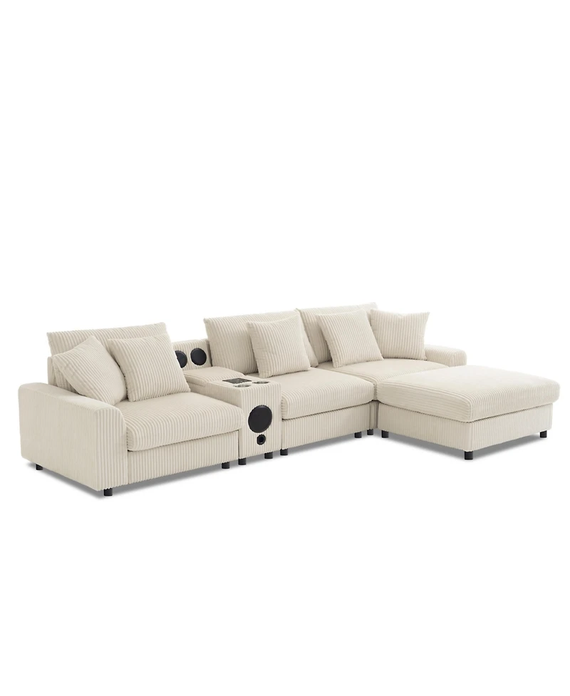 Streamdale Furniture Streamdale Corduroy Sectional Sofa with Bluetooth, Console, Usb Charger, Storage, Ottoman