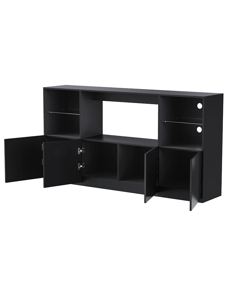 Streamdale Furniture High Gloss Tv Stand with Led Lights, Large Storage & Tempered Glass Shelves (Black, 67"Wx13.7"D)