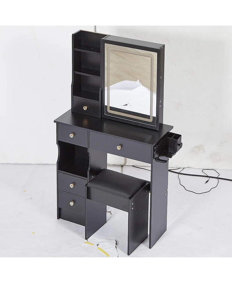 Streamdale Furniture Vanity Table with Power Station, Led Mirror, & Cushioned Stool
