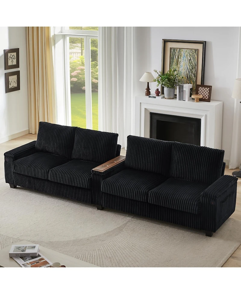 Streamdale Furniture Corduroy Sofa Couch 133" w/ Usb Storage & Cup Holders