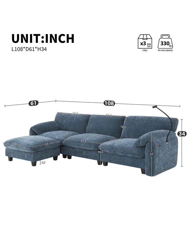 Streamdale Furniture 108" Modular Sectional Sofa Wide Seat Usb Charger Ottoman