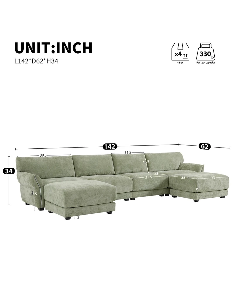 Streamdale Furniture 142" Modular U-Shape Sofa with Usb Charger & Ottoman