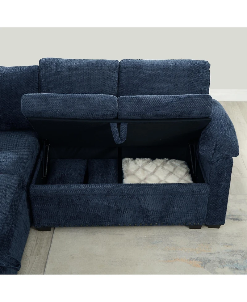 Streamdale Furniture 97" L-Shaped Chenille Sectional Sofa with Ottoman - Dark Blue