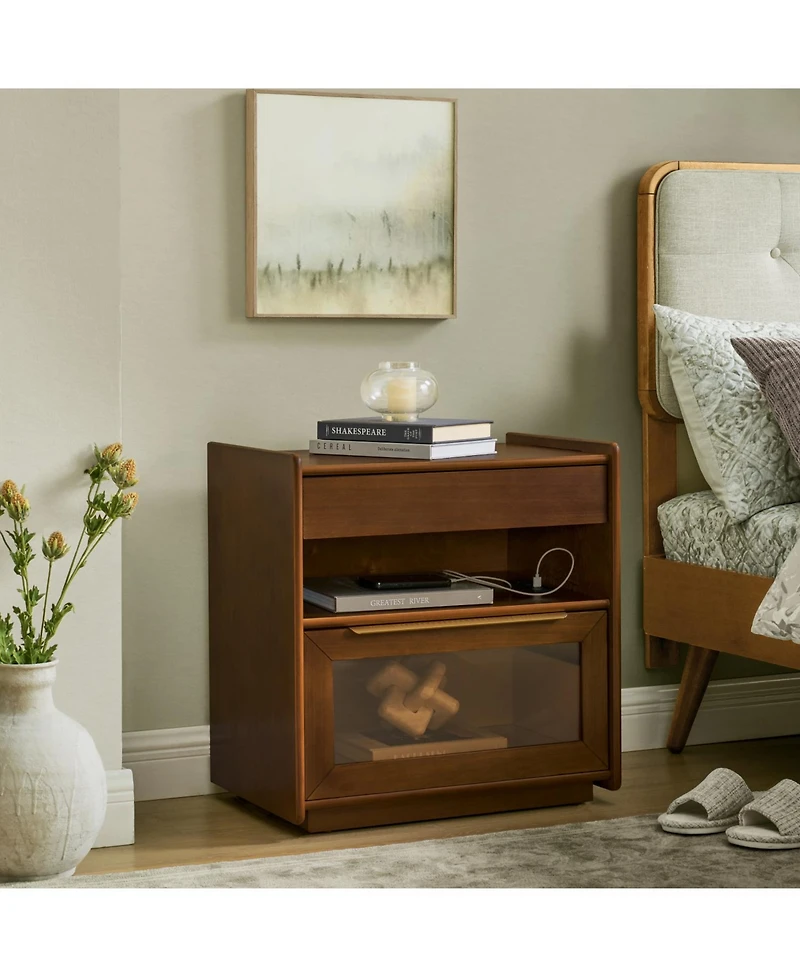 Streamdale Furniture Mid Century Nightstand Charging Station Dark Walnut