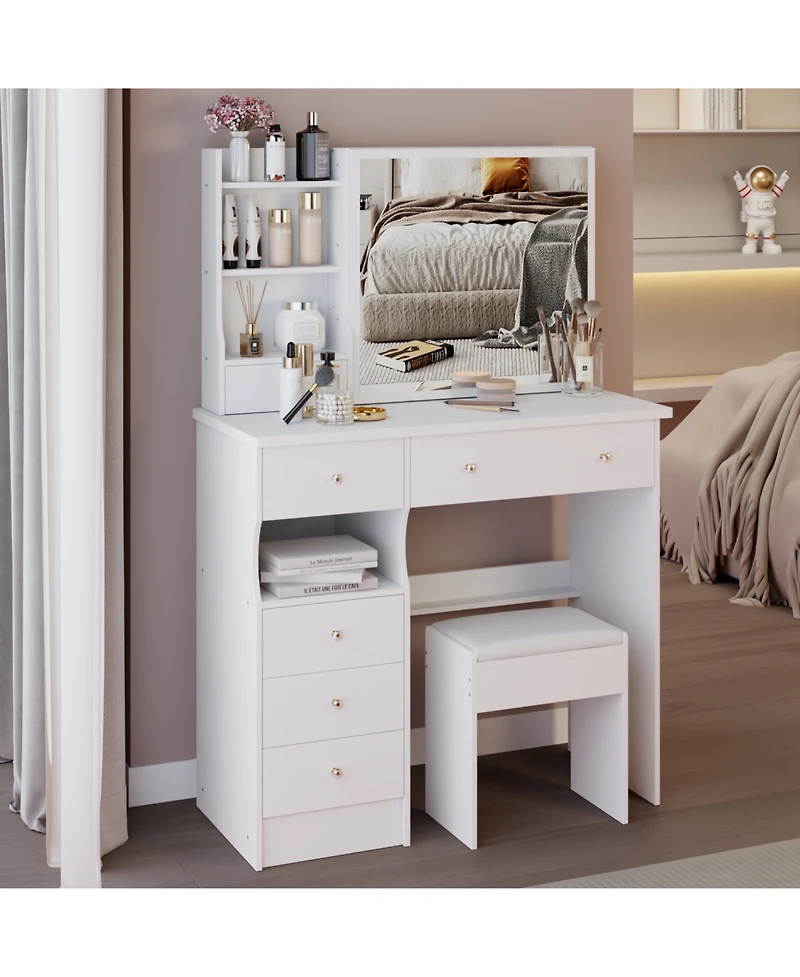 Streamdale Furniture 37" Vanity Table with Mirror Stool & Storage