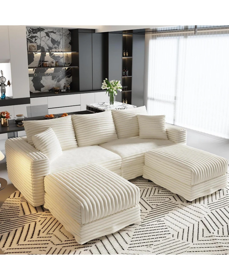 Streamdale Furniture Plush Corduroy 3-Seat Sofa with Ottomans