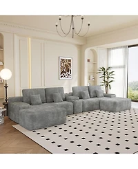 Streamdale Furniture 150" Sectional Sofa with 2 Ottomans, Light Grey Corduroy