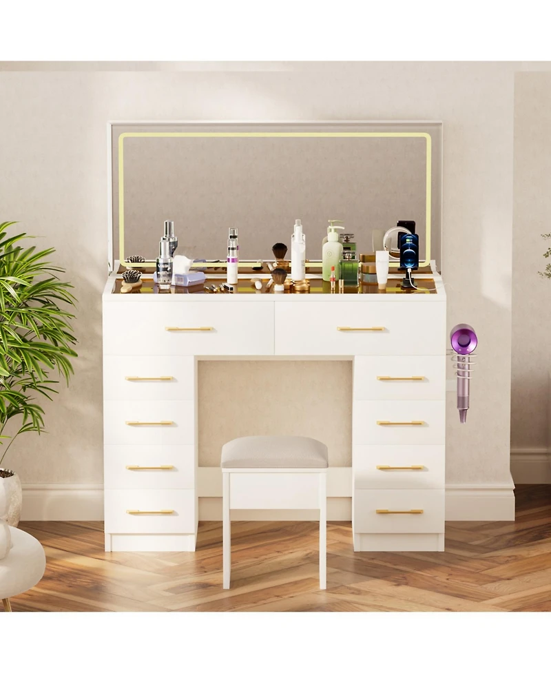 Streamdale Furniture 46" Glass Top Vanity Desk with Mirror, Stool, Power Outlet