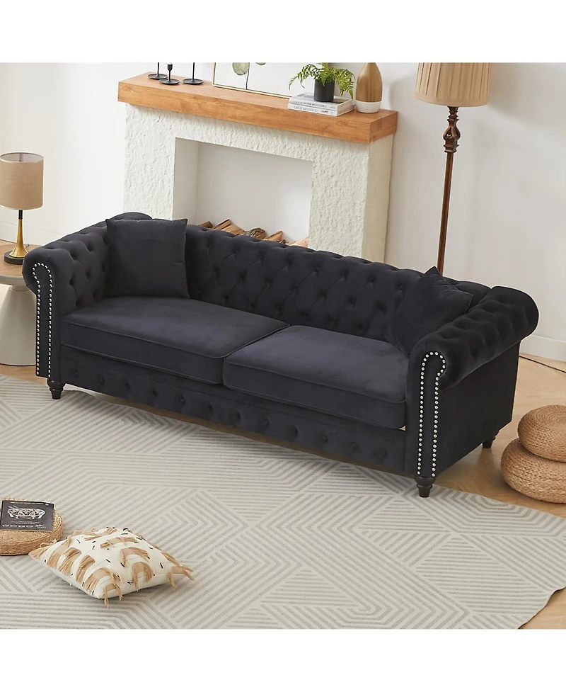 Streamdale Furniture Velvet Chesterfield Sofa 85.5" Rolled Arms 3 Seater Button Design + 2 Cushions