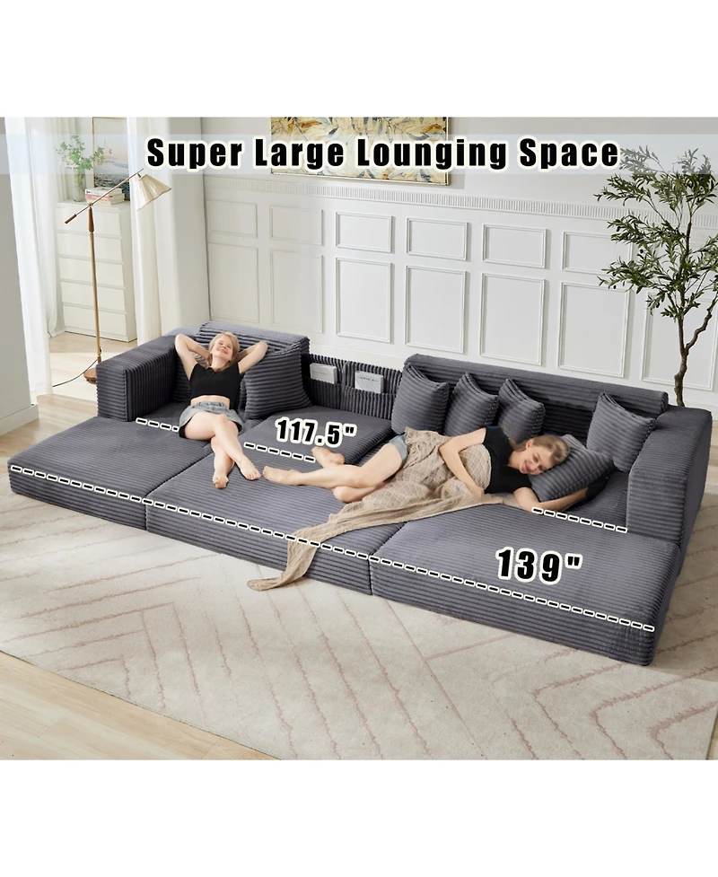 Streamdale Furniture Oversize Cloud Couch L-Shape Sleeper Sofa Bed, 8 Pillows, Corduroy