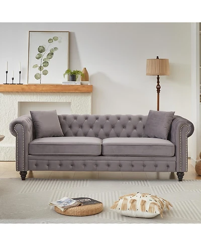 Streamdale Furniture Velvet Chesterfield Sofa 85.5" Rolled Arms 3 Seater Button Design + 2 Cushions