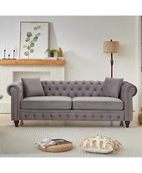 Streamdale Furniture Velvet Chesterfield Sofa 85.5" Rolled Arms 3 Seater Button Design + 2 Cushions