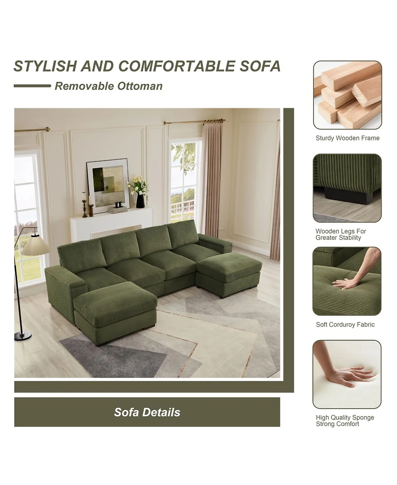 Streamdale Corduroy Sectional Sofa with Ottomans - Dark Green