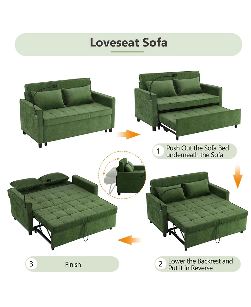 Streamdale Furniture 56.9" Loveseat Sleeper Sofa w/ Usb Ports & Phone Holder, Green