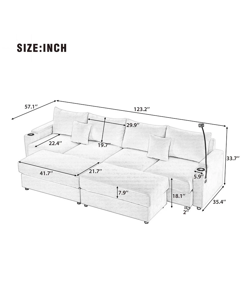 Streamdale Furniture 123" Modern Sectional Sofa w/ Storage, Ottomans, Usb, Cup & Phone Holders