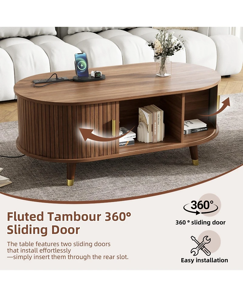 Streamdale Farmhouse Tv Stand & Coffee Table Set, Fluted Media Console with Charging Station, Walnut