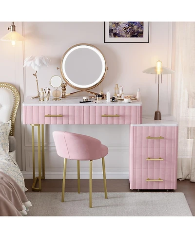 Streamdale Furniture Velvet Vanity Desk Set, Marble Top, Adjustable Storage, Pink
