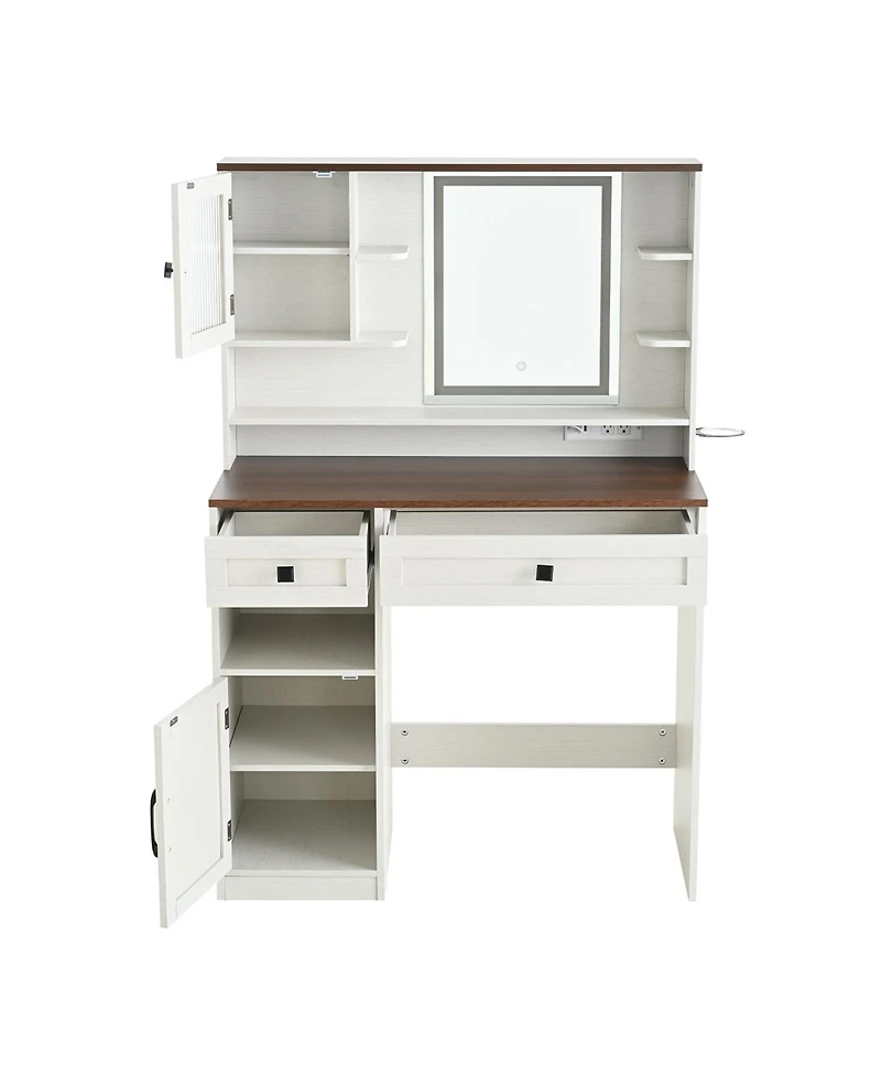 Streamdale Furniture Farmhouse Vanity Desk with Mirror, Lights, Charging Station, Stool