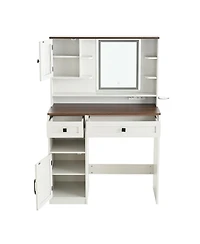 Streamdale Furniture Farmhouse Vanity Desk with Mirror, Lights, Charging Station, Stool