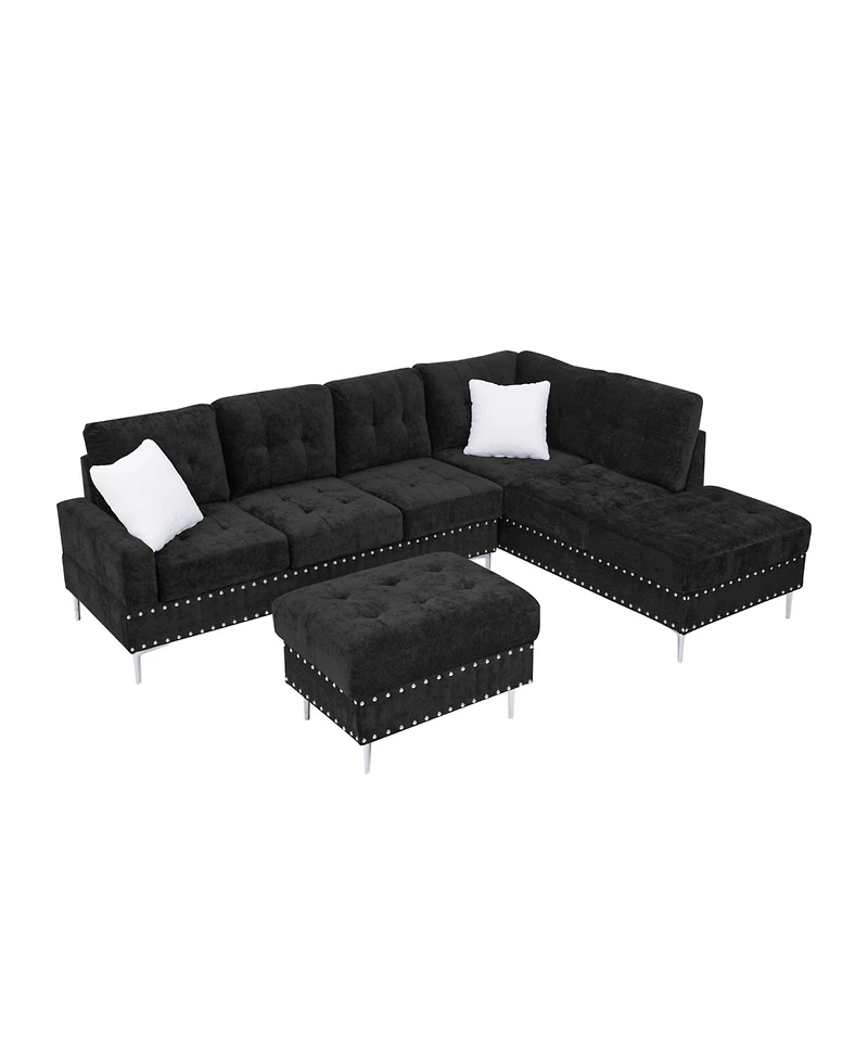 Streamdale Furniture Sectional Sofa with Reversible Chaise, Storage Ottoman, Metal Legs, Pillows, Black