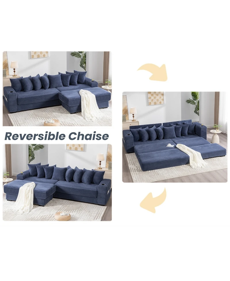 Streamdale Furniture Corduroy L-Shaped Sectional Sofa with Ottoman, Pillows, & Cup Holders - Blue
