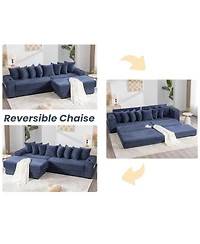 Streamdale Furniture Corduroy L-Shaped Sectional Sofa with Ottoman, Pillows, & Cup Holders - Blue