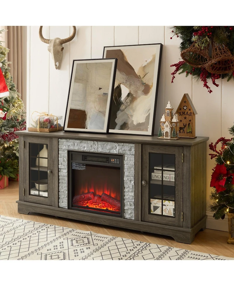 Streamdale Furniture 58" Tv Stand with Fireplace, 2-Door Storage, Grey Media Console