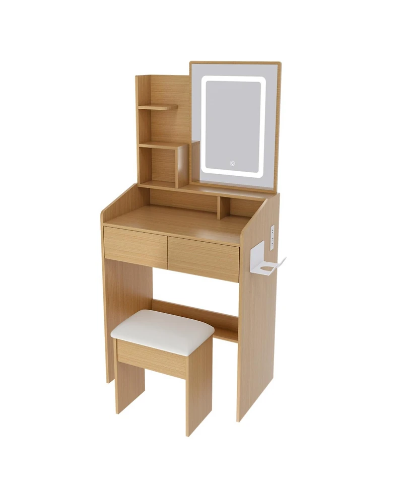 Streamdale Vanity Table with Led Mirror, Power, Hairdryer Holder & Stool - Compact Desk (Wood)