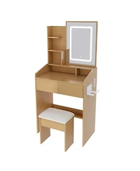 Streamdale Vanity Table with Led Mirror, Power, Hairdryer Holder & Stool - Compact Desk (Wood)