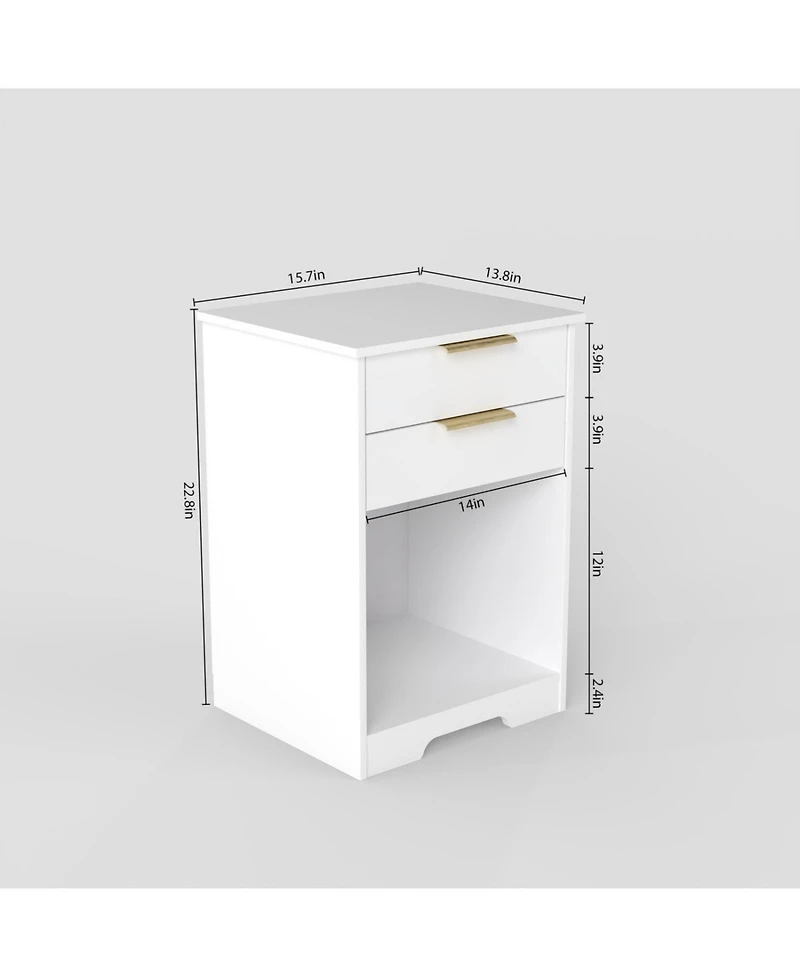 Streamdale Furniture White Nightstand with 2 Drawers & Golden Handle