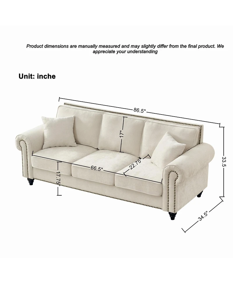 Streamdale Furniture 86" Modern 3-Seater Chenille Sofa with Rolled Arms & Nailhead Trim - Beige