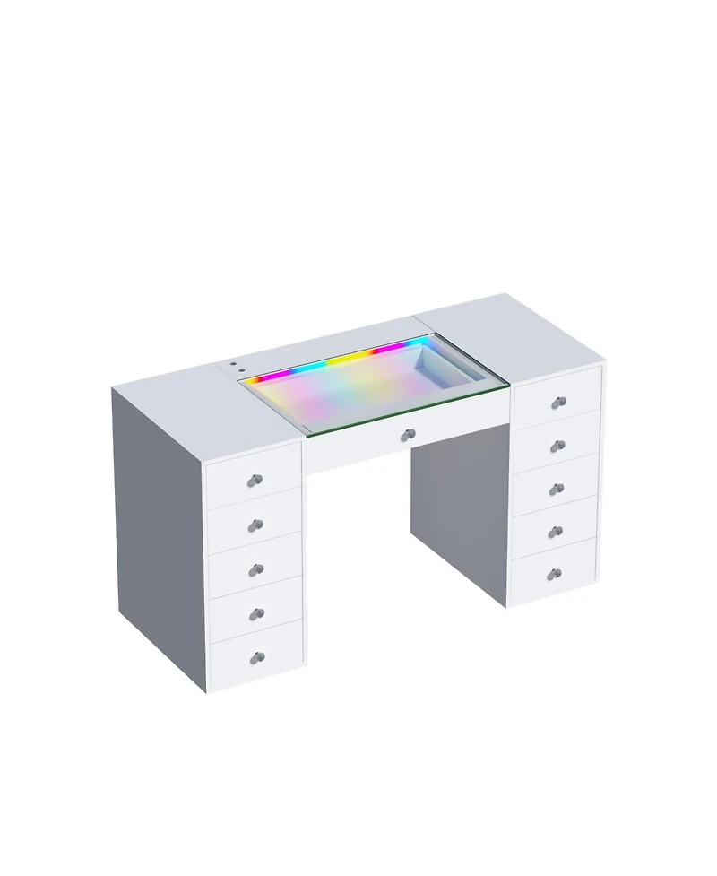 Streamdale Furniture 51.2" Rgb Led Vanity Desk, Modern Glass Top Makeup Table with 11 Drawers