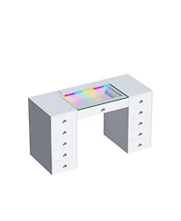 Streamdale Furniture 51.2" Rgb Led Vanity Desk, Modern Glass Top Makeup Table with 11 Drawers