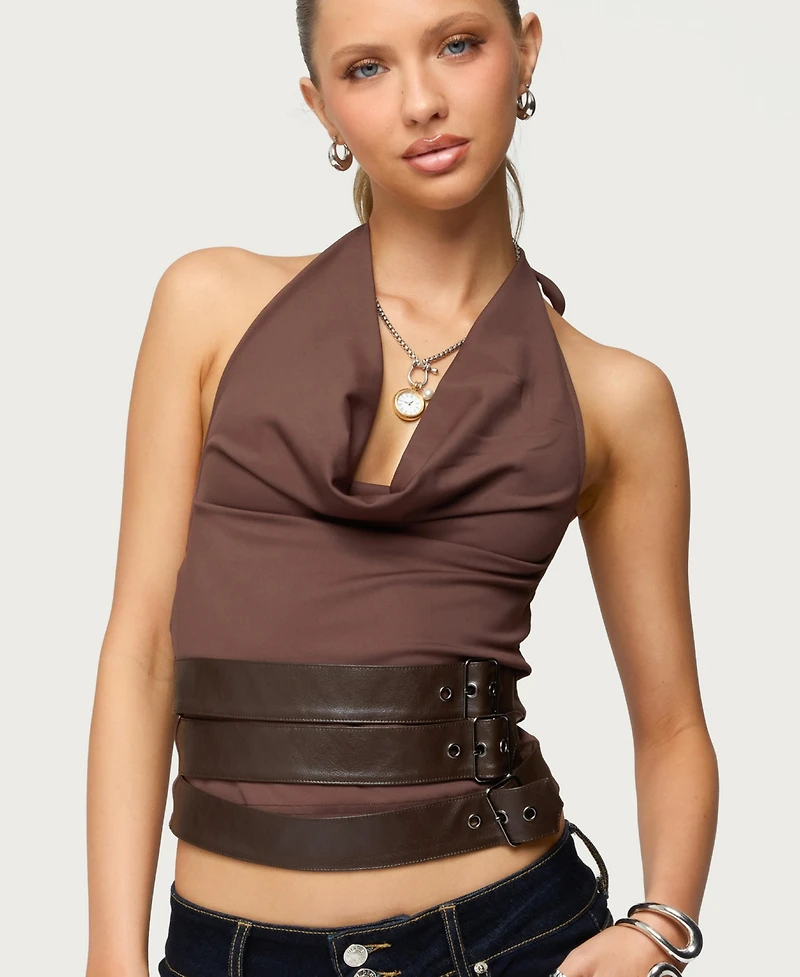 Edikted Womens Buckle Cowl Neck Backless Top