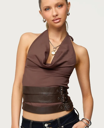 Edikted Womens Buckle Cowl Neck Backless Top