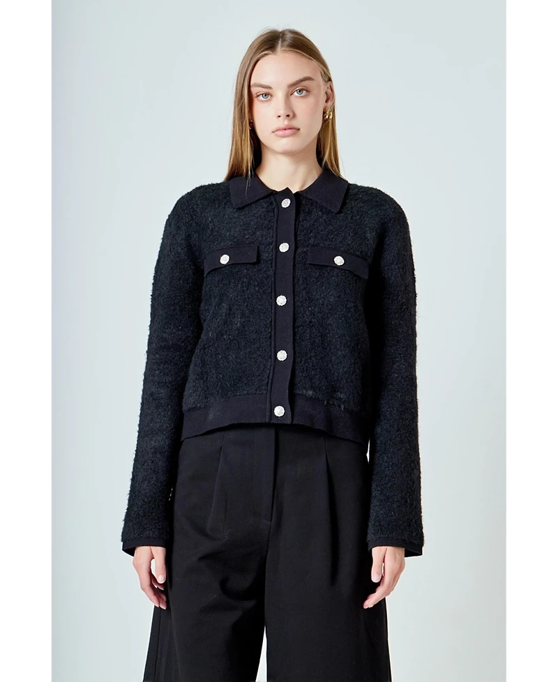 endless rose Women's Collared Button Up Knit Jacket