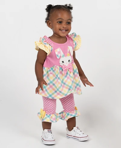 Rare Editions Baby Girls' Bunny Mixed Check Applique Knit Round Neck Top and Polka Dot Leggings, 2-Piece Set