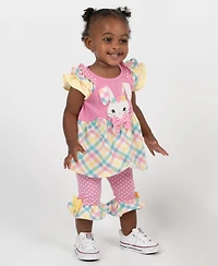 Rare Editions Baby Girls' Bunny Mixed Check Applique Knit Round Neck Top and Polka Dot Leggings, 2-Piece Set