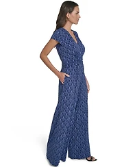 Vince Camuto Women's V-Neck Printed Shirred Front Jumpsuit
