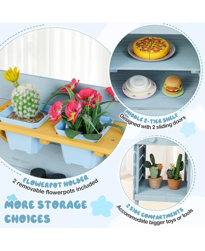 Hongge Wooden Outdoor Mud Kitchen Playset With Faucet Chalkboard And Storage Shelves