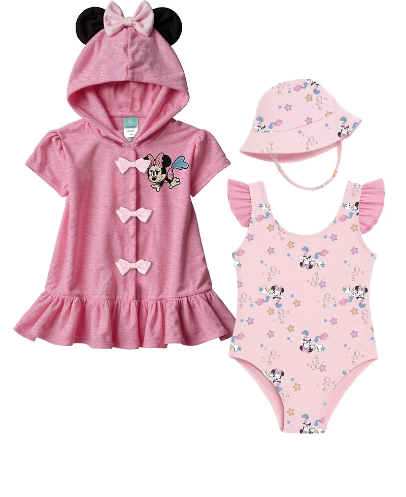 Disney Baby Girls' Minnie Short-Sleeve Cover-Up, Swimsuit and Bucket Hat, 3-Piece Set