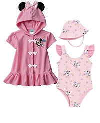 Disney Baby Girls' Minnie Short-Sleeve Cover-Up, Swimsuit and Bucket Hat, 3-Piece Set