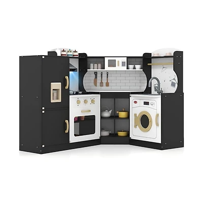 Kids Wooden Corner Play Kitchen Set with Storage and Pretend Cooking Features