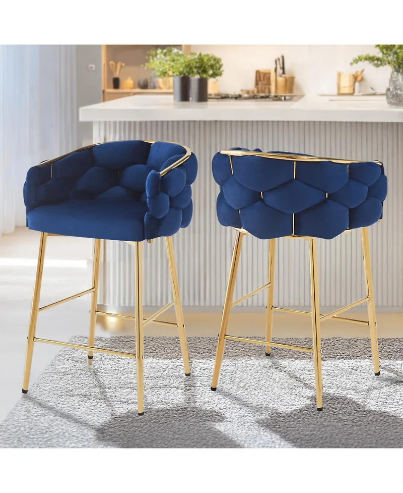 Streamdale Furniture Set of 2 Modern Counter Stools, 28", Dark Blue with Iron Frame and Soft Cushion