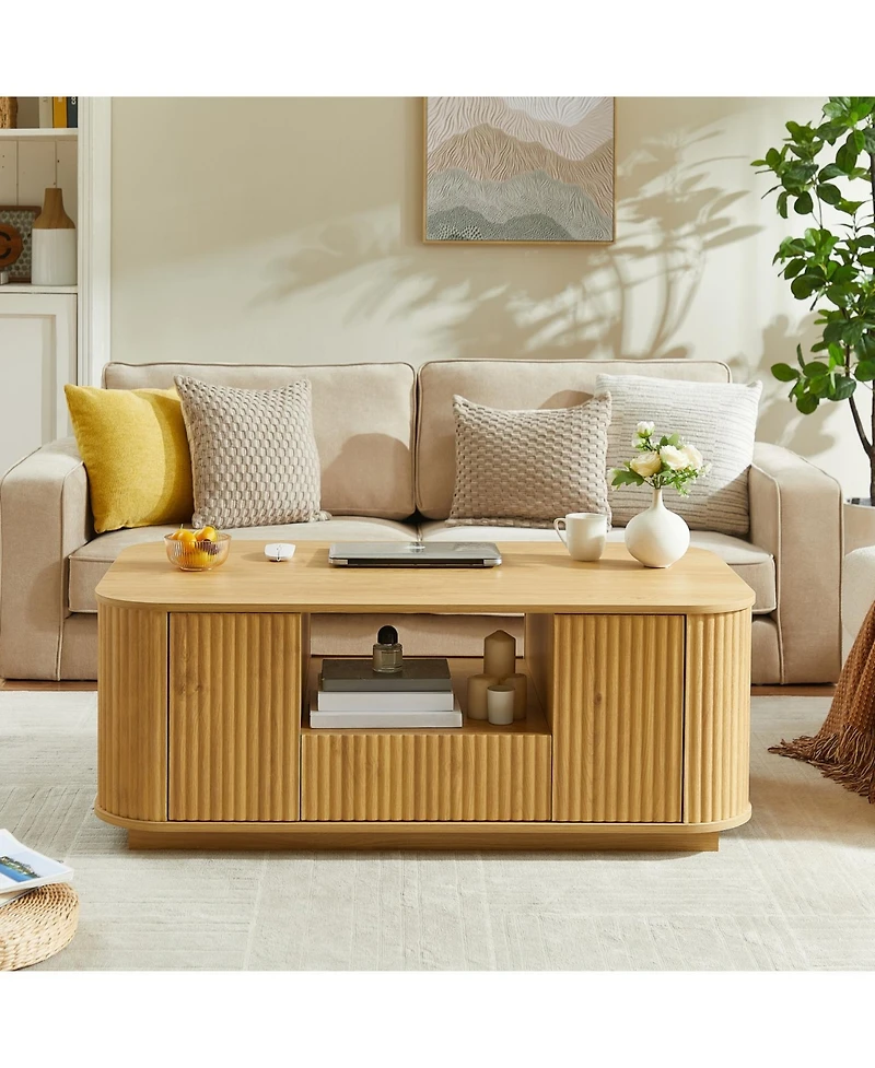 Streamdale Furniture Modern Oval Coffee Table with Drawers & Storage - Natural