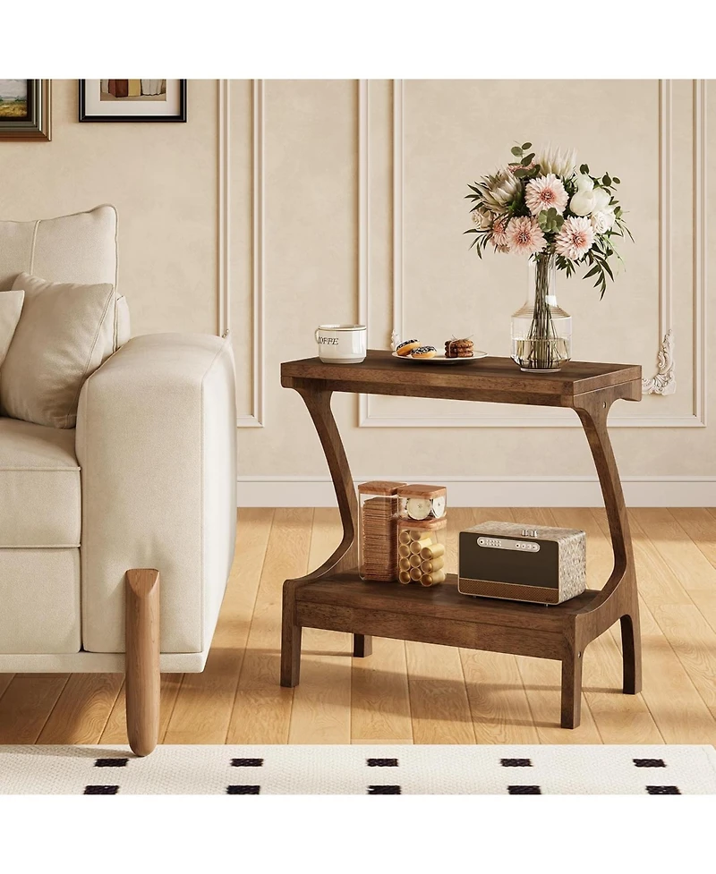 Tribesigns Solid Wood End Table with 2-Tier Storage Shelf, Narrow Side Table for Living Room, Bedroom, Small Spaces
