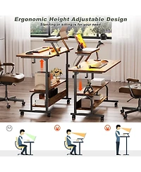 Aheaplus Small Standing Desk with Power Outlets and Led Light, Mobile Lift Top Desk with Monitor Stand