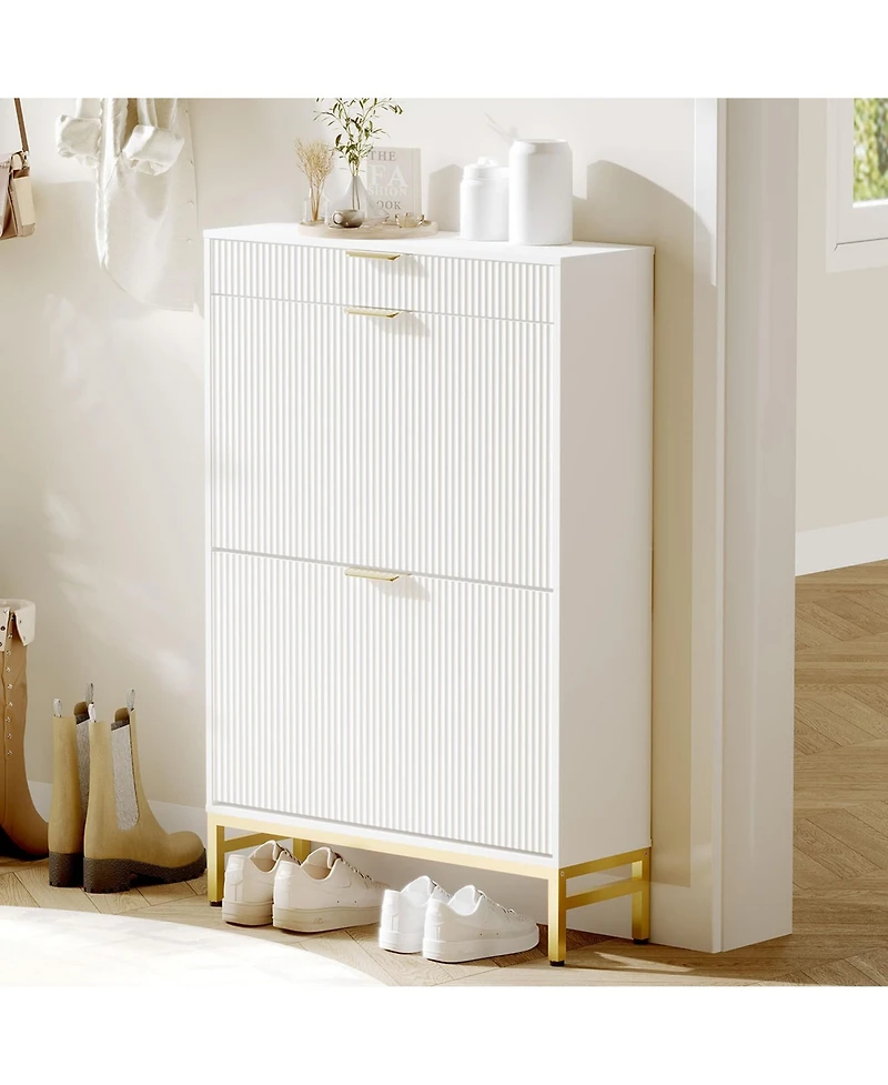 gaomon Fluted Shoe Storage Cabinet, Narrow Shoe Organizer with 2 Flip Drawers