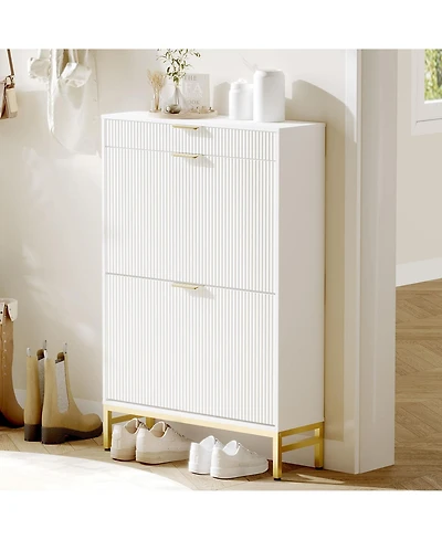 gaomon Fluted Shoe Storage Cabinet, Narrow Shoe Organizer with 2 Flip Drawers